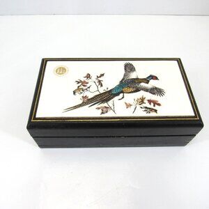 Wooden Trinket Box Black with White Lid with Pheasant and Fall Leaves and Emblem